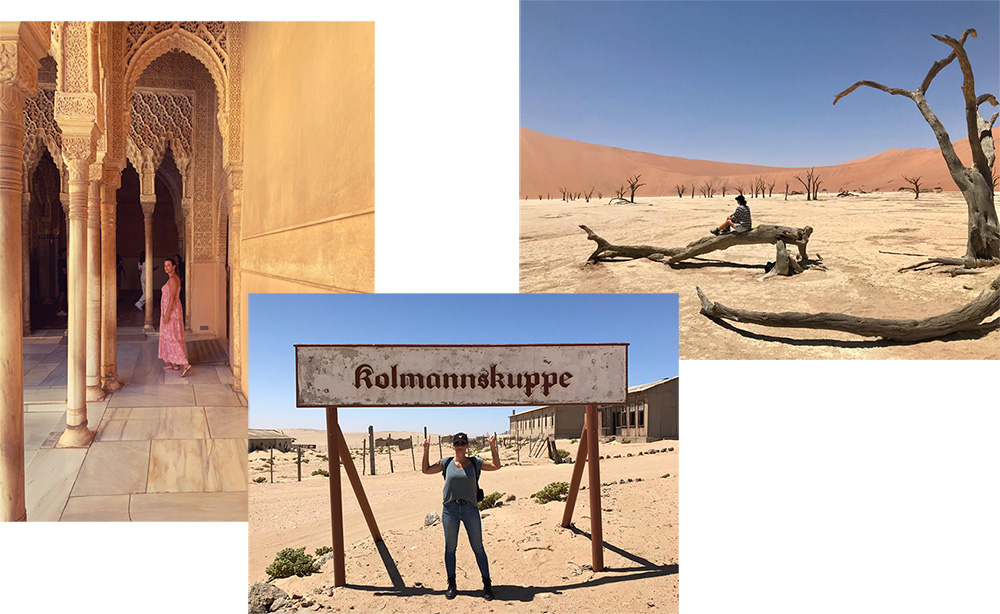 Eventplanerin Kim Adolph auf Urlaubsfotos in der Wüste von Namibia und in der Alhambra