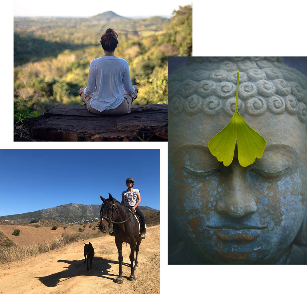 Eventplanerin aus Leidenschaft: Über-Mich-Bilderallerie zeigen Kim Adolph auf einem Pferd, beim meditieren und einen Buddahkopf